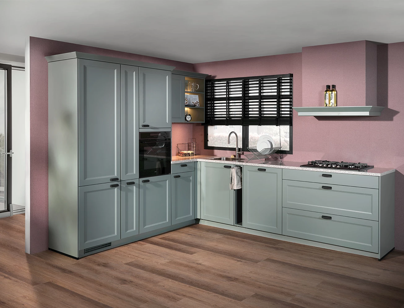 Landelijke hoekkeuken met hoge kasten